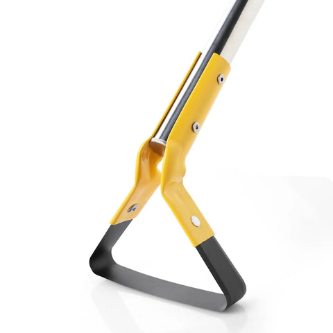 Close-up of blade and handle on Adjustable 61 Inch Long Handle Stainless Steel Garden Hoe For Weeding Grass Roots Cutting Soil Loosening.