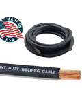 Heavy Duty 10 ft 2 AWG Welding Cable With USA Made Construction coiled, with exposed copper wire.