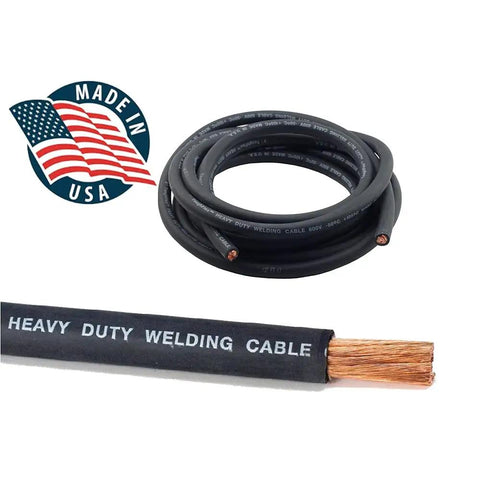 Heavy Duty 10 ft 2 AWG Welding Cable With USA Made Construction coiled, with exposed copper wire.
