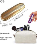 Front view of a three-piece eyeglass cleaning kit with a purple portable cleaner and beige travel pouch.