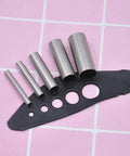 Clay Cutters Seven Piece Pro Grade Circle Cutter Set Stainless Steel Hollow Punches showing 5 sizes on a grid background.