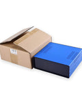 Diy Ready Electrical Control Panel Enclosure Box In Blue Heavy Duty Metal Case With Abs Panel, 220 x 80 x 195 mm, shown with packaging