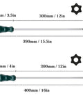 Heavy Duty 12 Inch Extra Long Torx Screwdriver Set T20 And T25 Magnetic Security Star Drivers with ergonomic handles and measurements.