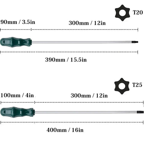 Heavy Duty 12 Inch Extra Long Torx Screwdriver Set T20 And T25 Magnetic Security Star Drivers with ergonomic handles and measurements.