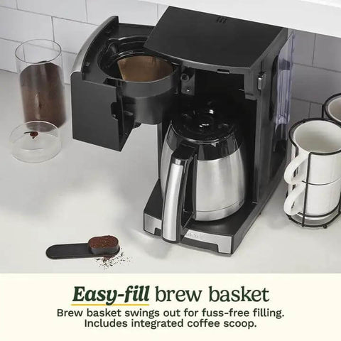 Personal Brew 10 Cup Thermal Coffee Maker Fully Automatic Programmable With No Fuss Hot Or Over Ice Options Brew Strength Control And 52 Ounce Removable Water Reservoir DCC 10 with swing-out brew basket