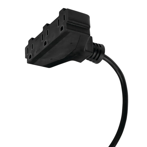 Close-up of plug end with three outlets on 12-gauge cord from 40 Foot 12 Gauge Retractable Power Cord Reel With Auto Rewind Spring Loaded