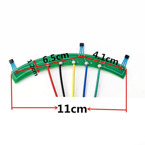 Heavy Duty Hall Sensor Circuit Board 4 Point 33 Inch Pcb For Ev Motor, curved green PCB with wires, dimensions annotated.