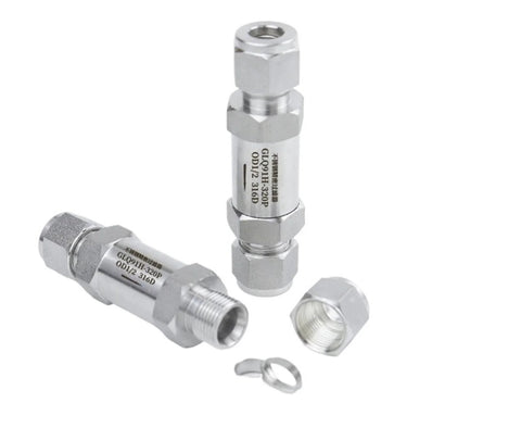 Front view of 304 stainless steel compression union filter valve with fittings, 3/4 inch, for gas tubing