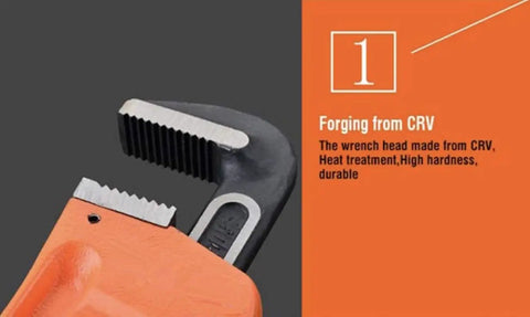 Close-up of a wrench head with orange finish. Beefy Heavy Duty Pipe Wrench 12 Inch Heat Treated Steel With Forged Hook Jaw For Superior Grip And Quick Adjustment Nut Perfect For Contractors And DIY Plumbers visible.