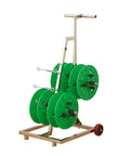Heavy Duty Wire Spool Rack On Wheels with green reels, Portable Cable Holder And Dispenser For Industrial And Retail Storage