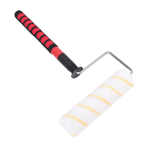 Premium 9 Inch Paint Roller Kit With Flex Telescoping Pole For Walls And Ceilings with red grip handle and cover.
