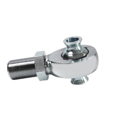 1.25 Inch Heim Joint Rod End Kit Chromoly Linkage Adapter Set For Off Road Suspension Beefy Upgrade That Eliminates Steering Play And Linkage Deflection In Extreme Rock Crawling, Heavy Duty Universal Fit For Custom Chassis close-up of chrome steel rod end with threaded shank