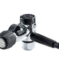 Chrome Oasis Pro Diving Regulator with moisture retaining vanes, Nitrox ready, detail view of connection port and hosing.