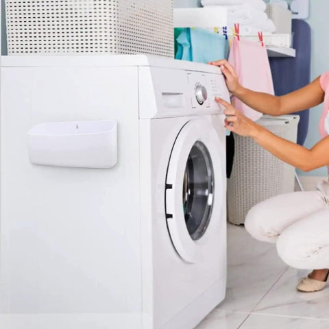 Magnetic Laundry Storage Bins, 2 Pack Lint Holder Trash Bins for Dryer Or Washer mounted on white washer, saving space