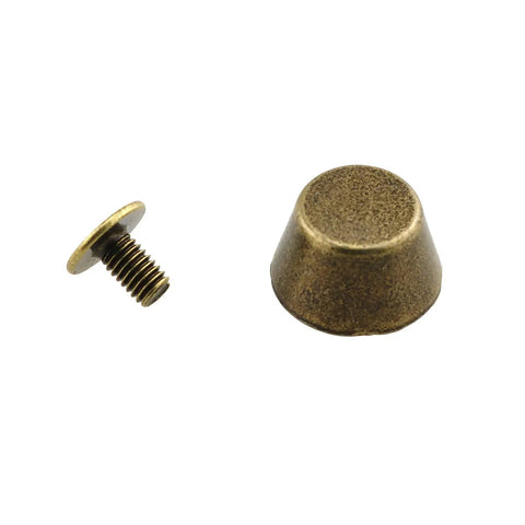 Badass 25 Piece Bronze Bucket Foot Studs With Screw Back Spike Rivets, Legit 1/2 Inch Zinc Alloy Hardware For Handbags And Leather Crafting Projects close-up of bronze bucket foot stud and screw.
