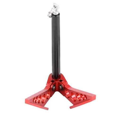Red metal foldable earth anchor winch for 1/10 RC crawlers, ground grip tool for Axial SCX10 D90 CC01 RC vehicles.