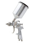 Silver HVLP Gravity Feed Spray Gun with 600cc Aluminum Cup; Lightweight, well balanced for smooth finishes, auto body, home use