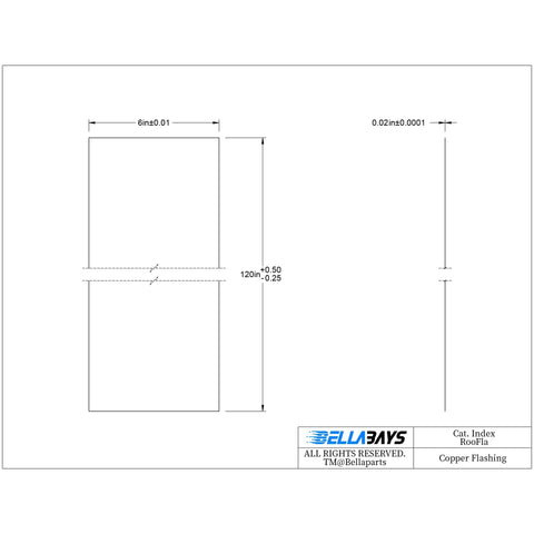 Technical drawing of Copper Flashing Sheet Roll 24 Gauge 6 Inch By 10 Foot For Roofing And DIY Projects ASTM B152 Grade C11000.