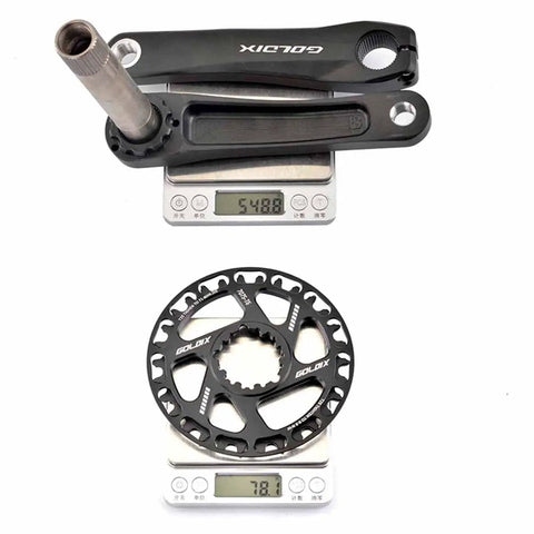 Square Taper Mountain Bike Crank Arm Set for 110mm to 160mm Spacing, Includes Right Arm and Single Ring Disc, 28T to 36T Chainring Options, Lightweight About 550g, High Carbon Steel Durable Performance Upgrade shown on scale