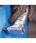 Heavy Duty Air Pneumatic Nibbler cutting blue sheet metal, 3600 cpm, handles up to 18 gauge steel, tin, aluminum, plastic, 4 CFM at 90 PSI
