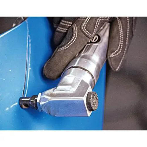 Heavy Duty Air Pneumatic Nibbler cutting blue sheet metal, 3600 cpm, handles up to 18 gauge steel, tin, aluminum, plastic, 4 CFM at 90 PSI