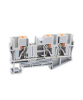 10 Pack Of Durable Gray Push In Din Rail Terminal Blocks Featuring Tool Free Quick Connect Three Wire Contacts For Zero Hassle Cable Splicing And Top Shelf Panel Upgrade Swaps in gray with orange clips.