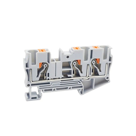 10 Pack Of Durable Gray Push In Din Rail Terminal Blocks Featuring Tool Free Quick Connect Three Wire Contacts For Zero Hassle Cable Splicing And Top Shelf Panel Upgrade Swaps in gray with orange clips.
