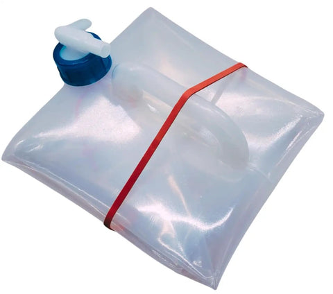Foldable 10L Water Containers 2 Pack With Spigot And Pouch For Camping, compact flat water jug secured with red band.