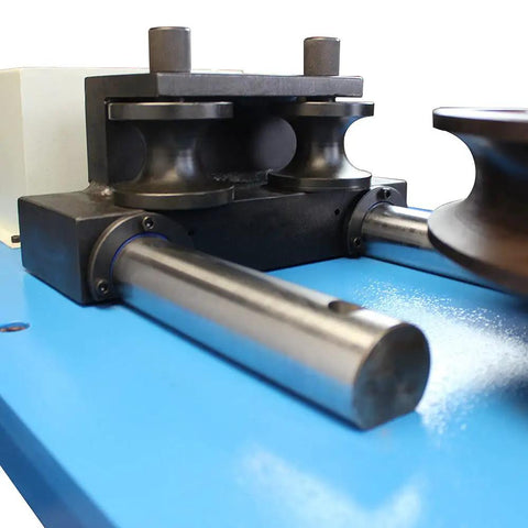 Close-up of Plug And Play 3HP Programmable Electric Hydraulic Tube And Pipe Bender With PLC Console showing die set and rollers.