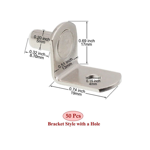5mm Shelf Support Pegs 50 Pack With Hole L Shaped Nickel Plated Pins for cabinets, side view dimensions shown