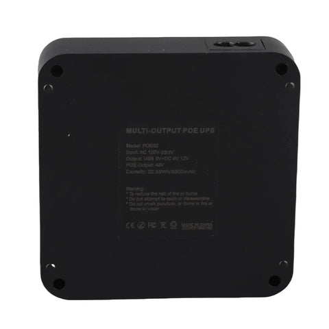 Solid Mini Ups Backup Power With 9000Mah Lithium Battery Supports 5V 9V 12V And 48V Poe For Routers Modems And Cameras Us Plug showing back view with specifications.