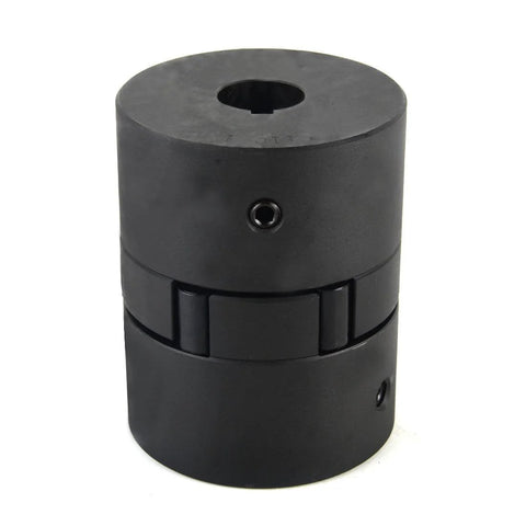 Black 3-piece L-jaw coupling hub with central bore and side screws.