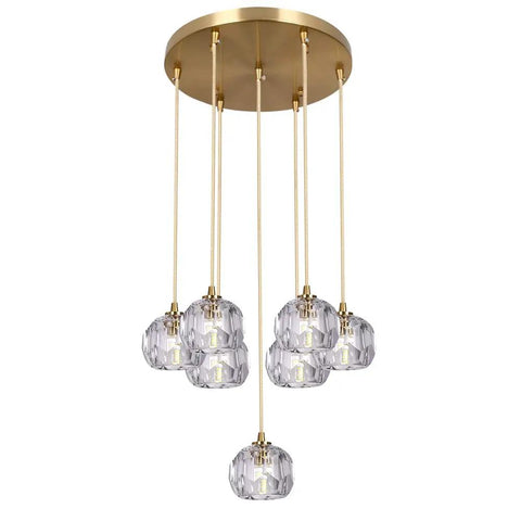Sleek Modern Crystal Pendant Light With Seven LED Crystals, Adjustable Brass Plating Frame, K9 Crystal Ball Chandeliers