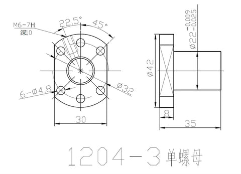 Engineering drawing of SFU1204 Ball Screw Nut With Flange, 12mm Diameter, 4mm Pitch, showing dimensions and specifications