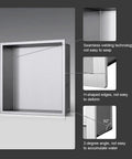 Stainless steel shower niche insert showing welding, H-shaped edges, and 2-degree slope. Includes "Shower Niche Insert 12 By 12 Inches No Tile Needed Stainless Steel Brushed Nickel Easy Install Rectangle Shower Shelf For Bathroom Walls With 13 By 13 Outer 12 By 12 Inner 3.75 Inch Depth And Gentle 2 Degree Slope."