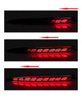 Slick Sequential Rear Bumper Lights For Tesla Model 3 showing red illumination in three angles with dark smoke lens design.