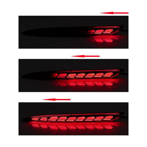 Street Ready Sequential Led Rear Bumper Light Assembly For Tesla Model 3 2017 To 2022 showcasing sequential lighting effect in red.