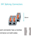 Three 50 Pack Lever Wire Connectors Inline Push-In Splice with orange levers and mortise-tenon design for 28-12 AWG wiring.