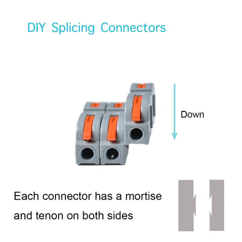 Three 50 Pack Lever Wire Connectors Inline Push-In Splice with orange levers and mortise-tenon design for 28-12 AWG wiring.