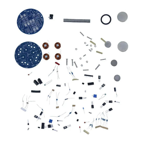 Levitation DIY Kit For Electronics Enthusiasts Self Rotating Demonstration And Fun Tech Accessory Pack Includes Soldering Practice Circuit Board Components For Students And Makers Great STEM Project Tool, parts laid out on white