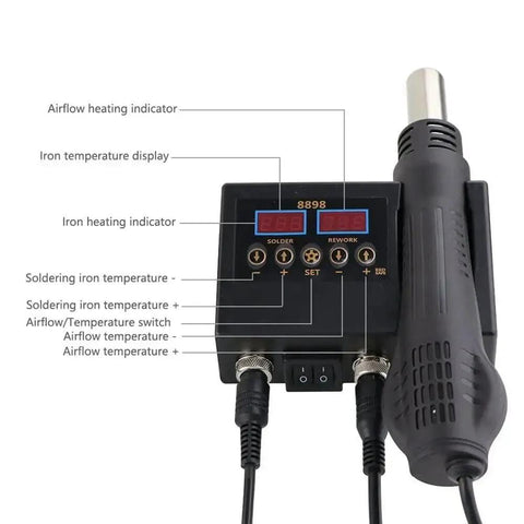 2 In 1 Hot Air Soldering Station For SMD Rework And Desoldering With BGA IC Welding Tool For Cell Phone PCB Repair US Plug Black Pro Grade