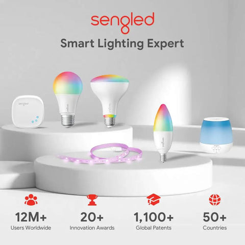 Display of Sengled Zigbee Smart Light Bulbs With Hub Required Dope Color Changing A19 60W Equivalent and smart hub.