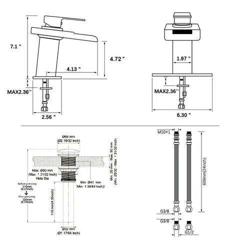 Diagram of LED Temperature Sensing Slick Matte Black Bathroom Sink Faucet With Open Glass Spout Waterfall Flow Single Hole Mount