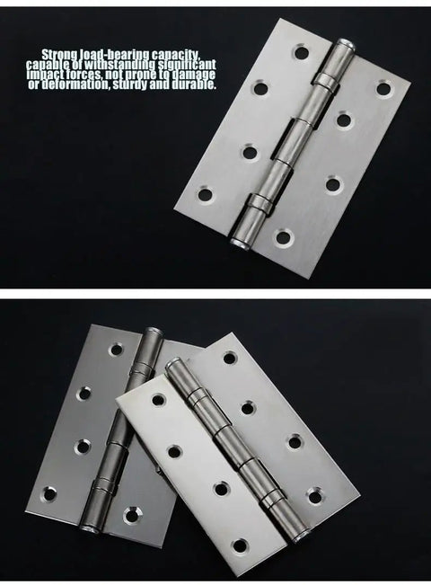 Six Pack 3.5 X 2.4 Inch 304 Stainless Steel Silver Silent Bearing Door Hinges Smooth Operator Design showing durable hinges with mounting holes.