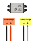 Beefy 12V To 5V Car DC Converter Waterproof Buck Regulator with input and output voltage cables shown