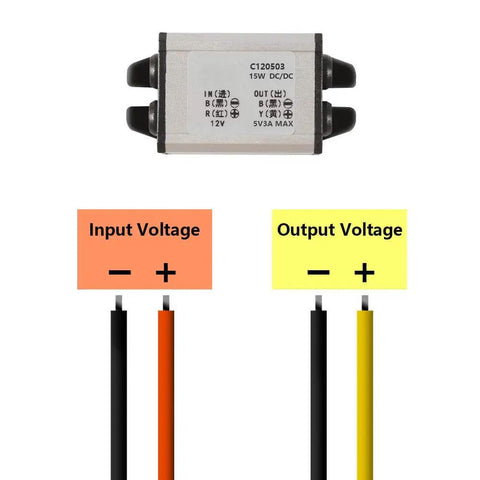 Beefy 12V To 5V Car DC Converter Waterproof Buck Regulator with input and output voltage cables shown