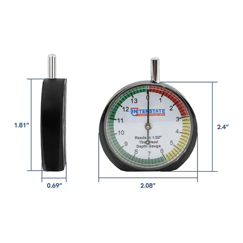 Pro Grade Dial Type Tire Tread Depth Gauge With 1/32 Inch Increments And 1/128 Inch Resolution, Maximum 14/32 Inch, Color Coded Scale