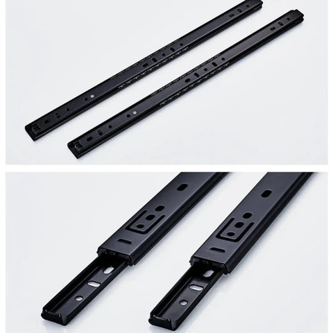 Two Pair Heavy Duty Ball Bearing Drawer Slides With Soft Close Design Cold Rolled Steel Tracks For Dressers No Slamming Around Gear Plus Smooth Gliding Motion Every Time, side view, black metal slides.