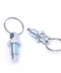 Badass Carbon Steel Six Piece Indexing Plunger Set Featuring Slick Telescopic Lock Pin And Hella Tough Spring Loaded Quick Release Tool Perfect For Daily Garage Work And M8 Thread Repairs close-up of two steel indexing plungers with spring-loaded release and keyring.
