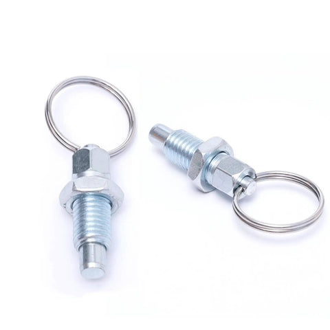 Badass Carbon Steel Six Piece Indexing Plunger Set Featuring Slick Telescopic Lock Pin And Hella Tough Spring Loaded Quick Release Tool Perfect For Daily Garage Work And M8 Thread Repairs close-up of two steel indexing plungers with spring-loaded release and keyring.